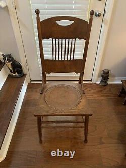 ANTIQUE AMERICAN 1880's TIGER OAK CHAIR TOOLED LEATHER SEAT