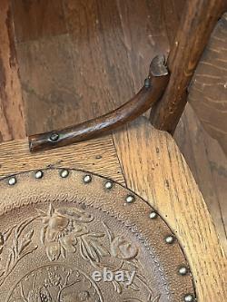 ANTIQUE AMERICAN c. 1880 TIGER OAK CHAIR LEATHER SEAT
