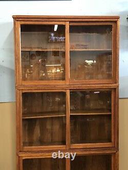 ANTIQUE TIGER OAK DANNER SECTIONAL 3-STACK BOOKCASE WithSLIDING WAVY GLASS DOORS