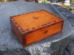ANTIQUE TIGER OAK INLAID & BANDED WRITING SLOPE great colour, cut glass inkwell