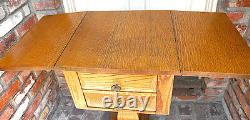 ANTIQUE c 1900 AMERICAN TIGER OAK SEWING TABLE w WINGS STRONG EXCELLENT COND