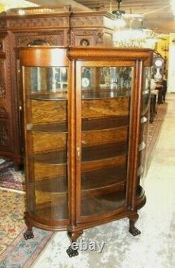 American Antique Tiger Oak Lion Feet Display Cabinet
