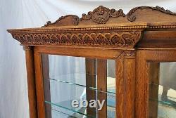American Large Tiger Oak Bowed Bent Glass China Cabinet Curio Claw Feet 1890s