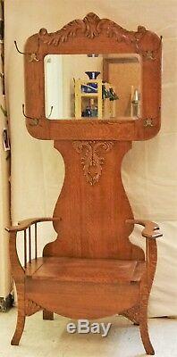 American Quartersawn Tiger CARVED OAK HALL TREE Seat Bench / Mirror 1900's