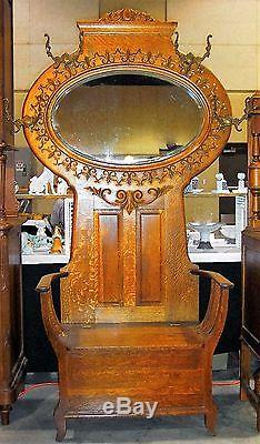 American Quartersawn Tiger CARVED OAK HALL TREE Seat Bench with Oval Mirror 1900's