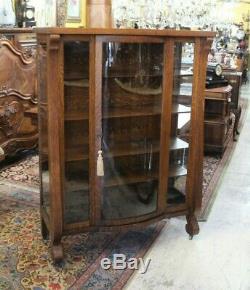 American Tiger Oak Antique Empire Style Display Cabinet With Orig. Carve Glass