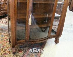 American Tiger Oak Antique Empire Style Display Cabinet With Orig. Carve Glass