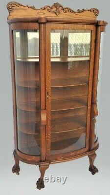 American Tiger Oak Bowed Bent Glass China Cabinet Curio Claw Feet 1890s Restored
