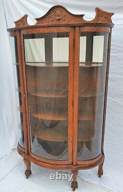 American Tiger Oak Bowed Bent Glass China Cabinet Curio Claw Feet 1900s Restored