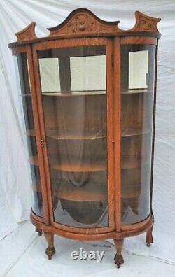 American Tiger Oak Bowed Bent Glass China Cabinet Curio Claw Feet 1900s Restored