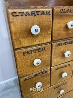 Antique 1800s Tiger Oak, Tiger Maple Spice Cabinet With Porcelain Pulls