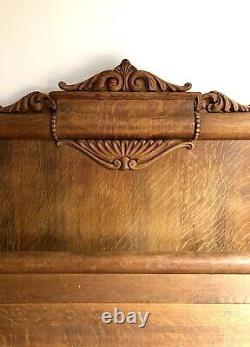 Antique 1800s Victorian Full Size Bed Hand Carved Tiger Oak Quarter Sawn Frame