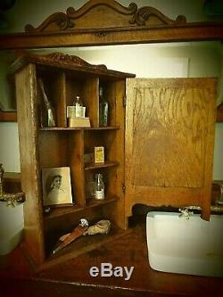 Antique 1880's Tiger Oak Medicine Cabinet- Beveled Mirror- Shelf- Cubbies