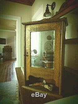 Antique 1880's Tiger Oak Medicine Cabinet- Beveled Mirror- Shelf- Cubbies