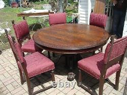 Antique 1890's Tiger Oak Hastings 54 Round Table & Chairs Paw Feet horner style