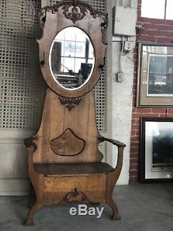 Antique 1900s American Tiger Oak Hall Tree With Mirror Seat Lift Lid Storage An