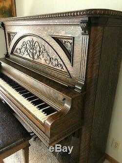 Antique 1907-1908 Upright Ellington Grand Piano Tiger Oak Wood Refinished