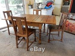 Antique 1920s Barley Twist Draw Leaf Pub Table & 4 Matching Chairs Tiger Oak