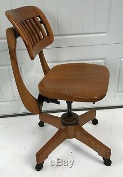 Antique 1920s Sikes Tiger Mission Oak Swivel Office Desk Chair Adjust Wood Stool
