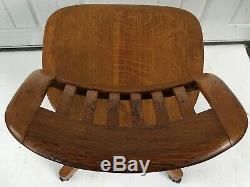 Antique 1920s Sikes Tiger Mission Oak Swivel Office Desk Chair Adjust Wood Stool