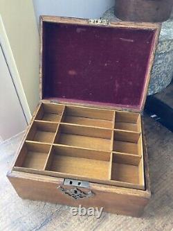 Antique 19th C Victorian Wood Tiger Oak Desk Box Interior Tray Brass Hardware