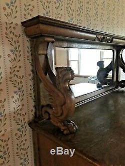 Antique 20th Century Victorian Tiger Oak Lion Sideboard Buffet Beveled Mirror