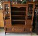 Antique 2pc Claw Foot Tiger Oak Double China Bookcase Display Cabinet W Carvings