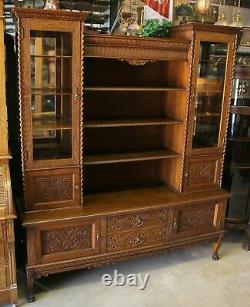 Antique 2Pc Claw Foot Tiger Oak Double China Bookcase Display Cabinet w Carvings