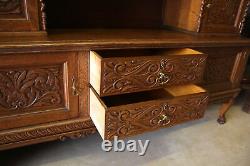 Antique 2Pc Claw Foot Tiger Oak Double China Bookcase Display Cabinet w Carvings