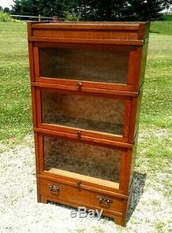 Antique 3/4 WIDE BARRISTER BOOKCASE 3 Stack with Drawer Globe Wernicke Tiger Oak