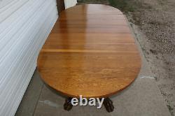 Antique 45 Carved Lion Paw Claw Foot Tiger Oak Dining Kitchen Table + 5 Leaves