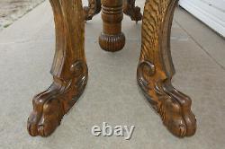 Antique 45 Carved Lion Paw Claw Foot Tiger Oak Dining Kitchen Table + 5 Leaves