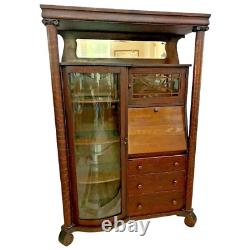 Antique American Empire Curio Bookcase Secretary Locking China Cabinet Tiger Oak