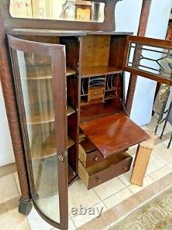 Antique American Empire Curio Bookcase Secretary Locking China Cabinet Tiger Oak