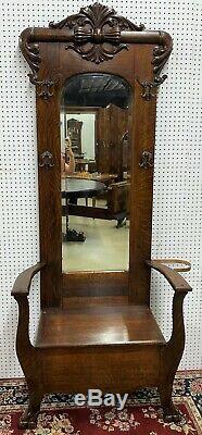Antique American Quarter Sawn Tiger Oak Hall Tree / Seat Beveled Mirror C1890