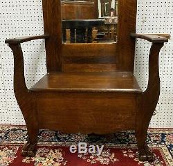 Antique American Quarter Sawn Tiger Oak Hall Tree / Seat Beveled Mirror C1890