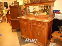 Antique American Quartersawn Tiger Oak Marble top Sideboard with Mirror