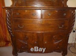 Antique American Tiger Oak Carved 2 Piece Mirrored Sideboard Buffet