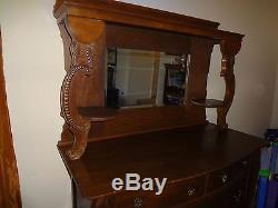 Antique American Tiger Oak Carved 2 Piece Mirrored Sideboard Buffet