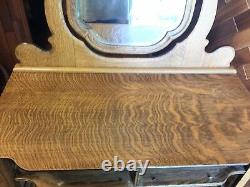 Antique American Tiger Oak dresser serpentine 3 drwrs beveled mirror 42 claw fi