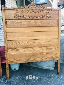 Antique American Victorian Tall Tiger Oak Bed Headboard Footboard Ornate Carved