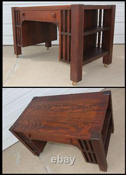 Antique Arts & Crafts Mission Tiger Oak Library Table SlatSide Bookshelves Desk