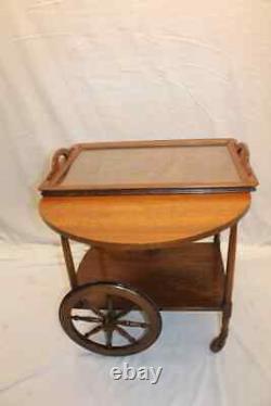 Antique Arts & Crafts Tiger Oak Drop Leaf Serving Table Tea Cart &Removable Tray