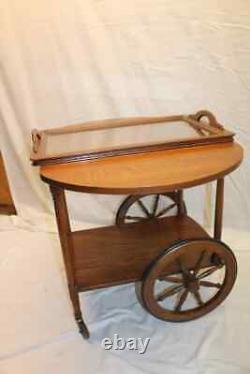 Antique Arts & Crafts Tiger Oak Drop Leaf Serving Table Tea Cart &Removable Tray