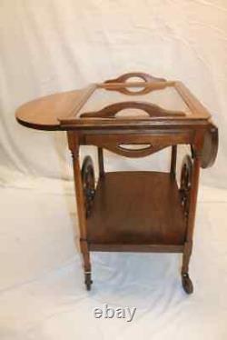 Antique Arts & Crafts Tiger Oak Drop Leaf Serving Table Tea Cart &Removable Tray