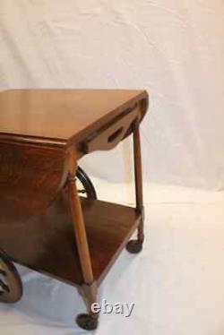 Antique Arts & Crafts Tiger Oak Drop Leaf Serving Table Tea Cart &Removable Tray