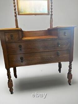 Antique Barley Twist Tiger Oak Dressing Table, c. Early 1900s- LOCAL PICKUP ONLY