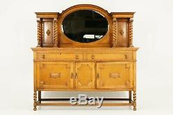 Antique Barley Twist Tiger Oak Mirror Back Sideboard Buffet, Scotland 1698