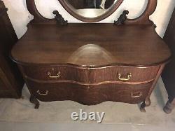 Antique C. 1890 Era Tiger Oak Princess Dresser/vanity Beveled Mirror