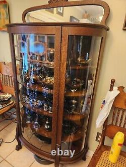 Antique Carnival Glass Collection and Tiger Oak Curio Cabinet